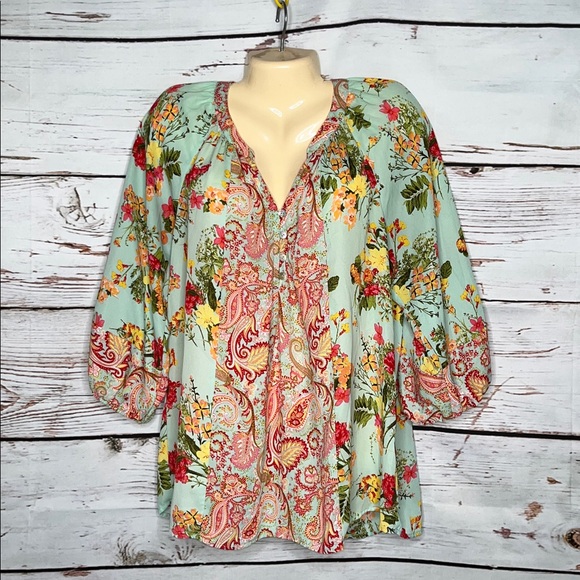 fig and flower Tops - Fig & Flower Size XL Floral Paisley Print Peasant Blouse Top